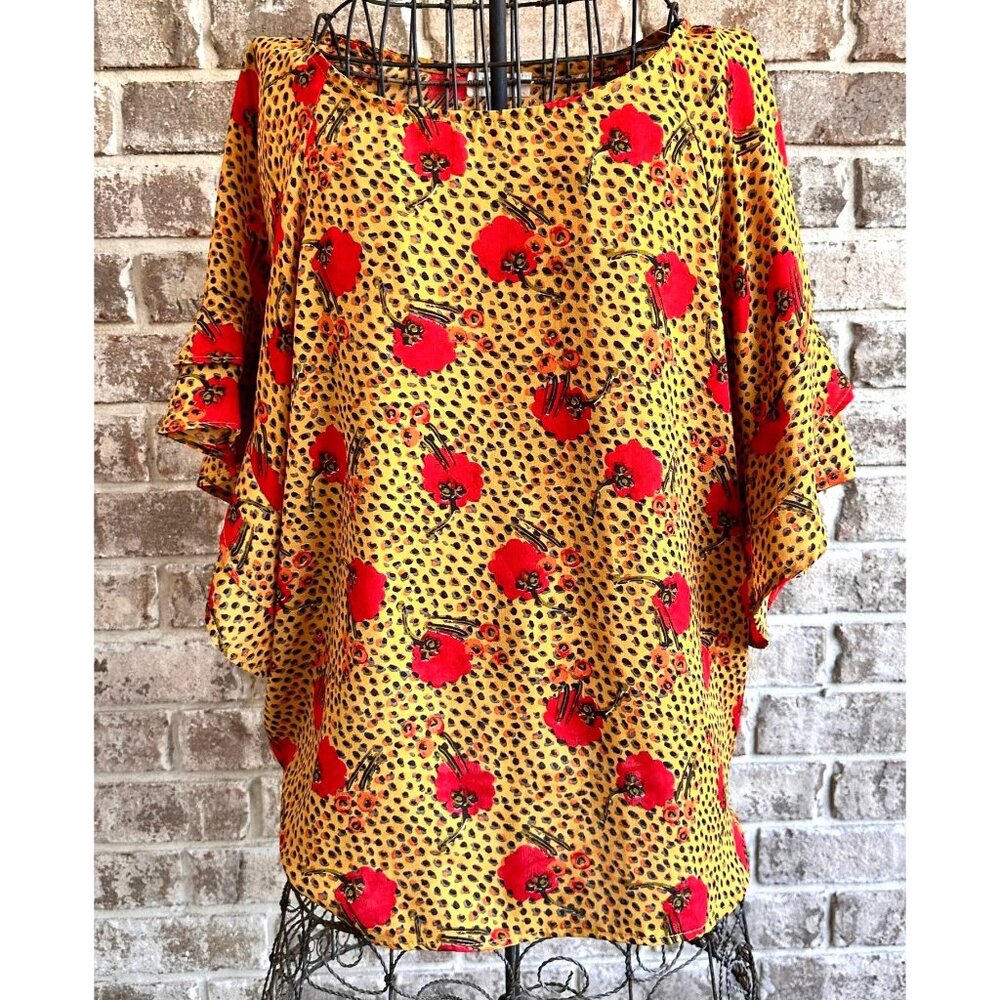 Umgee Leopard Print Top Poppies Small Flutter Sleeves Relaxed Festive US…